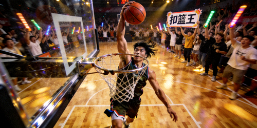 篮球比赛中球员完成一记势大力沉的战斧式扣篮，引爆全场