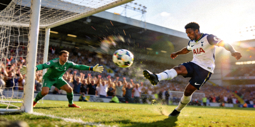 足球比赛中球员在禁区外一脚精彩的远射世界波破门，守门员鞭长莫及